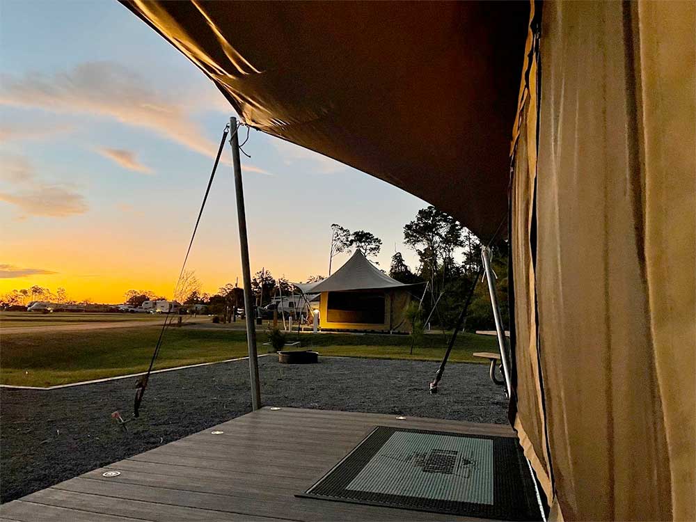 Glamping tent view at sunrise